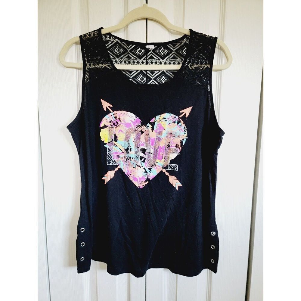 Ladies‎ M Black Love Heart Tank Top Size Medium Unbranded Lace Accents Stretch